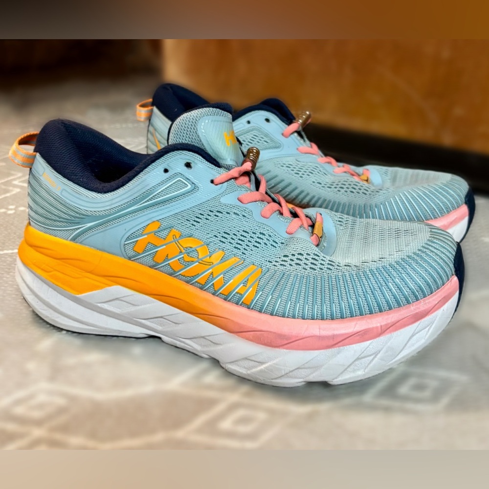 HOKA Bondi 7 Running Shoes Sneakers Blue Orange Size 6.5D Wide